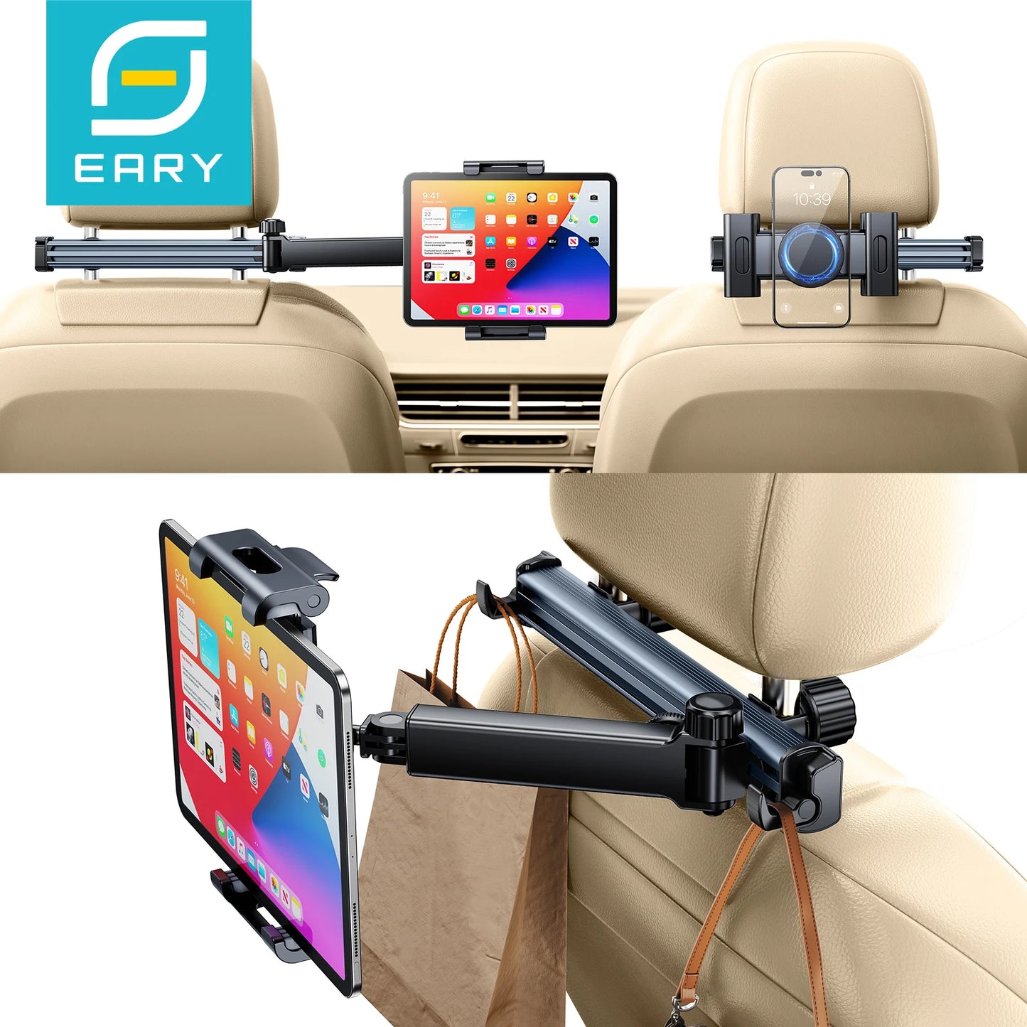Adjustable Back Seat Tablet Holder Mount for Car Headrest - 360° Rotatable Phone Stand with Long Arm and Dual Hooks, Compatible with 4.7-12 Inch Devices