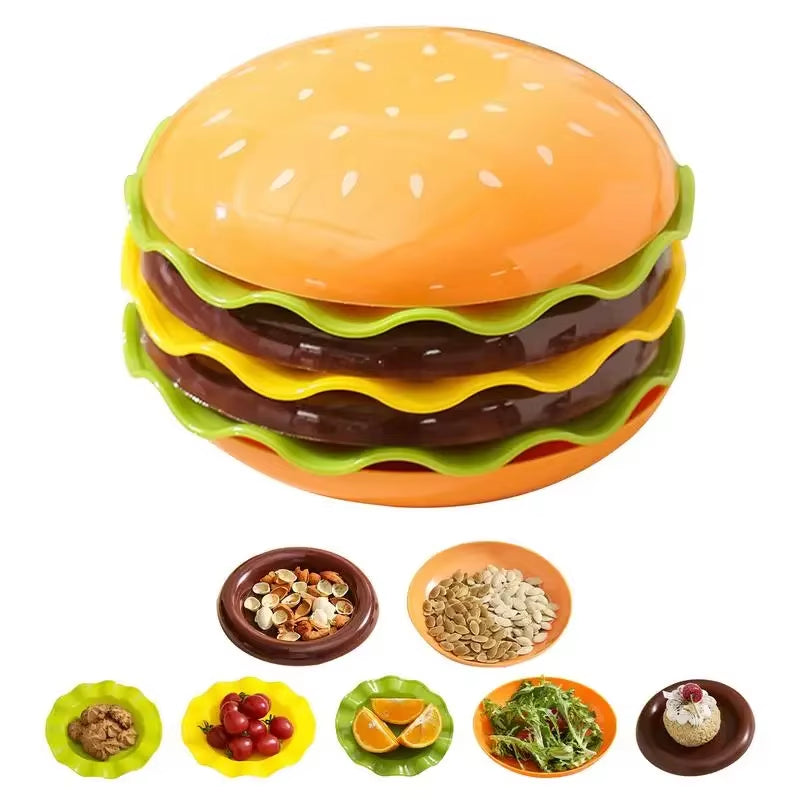 Stackable Six-Layer Hamburger Plate Set with Elegant Bone Design and Accompanying Sauce Containers for Table Decor