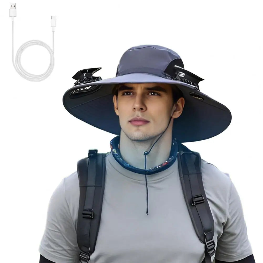 Solar-Powered Outdoor Hat Fan with Dual Power Supply - Wide Brim Sun Protection for Fishing, Hiking, and Gardening