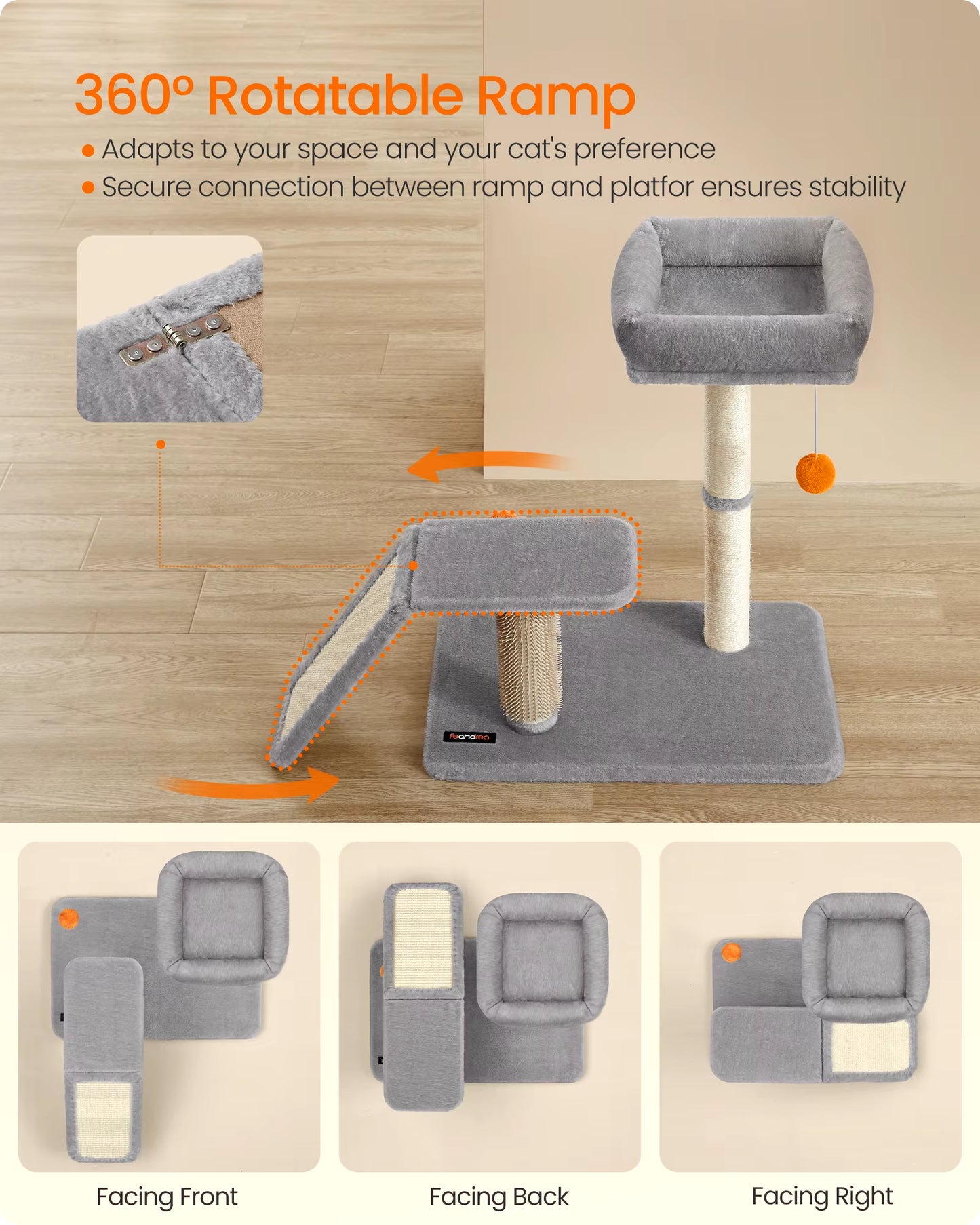 Multifunctional Cat Scratching Post with Integrated Bed, Rotatable Scratching Ramp, Perch, and Self-Grooming Feature