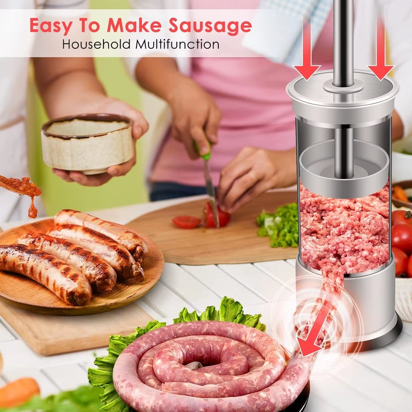 Sausage Stuffer with Four Interchangeable Stuffing Tube Sizes and Accessories