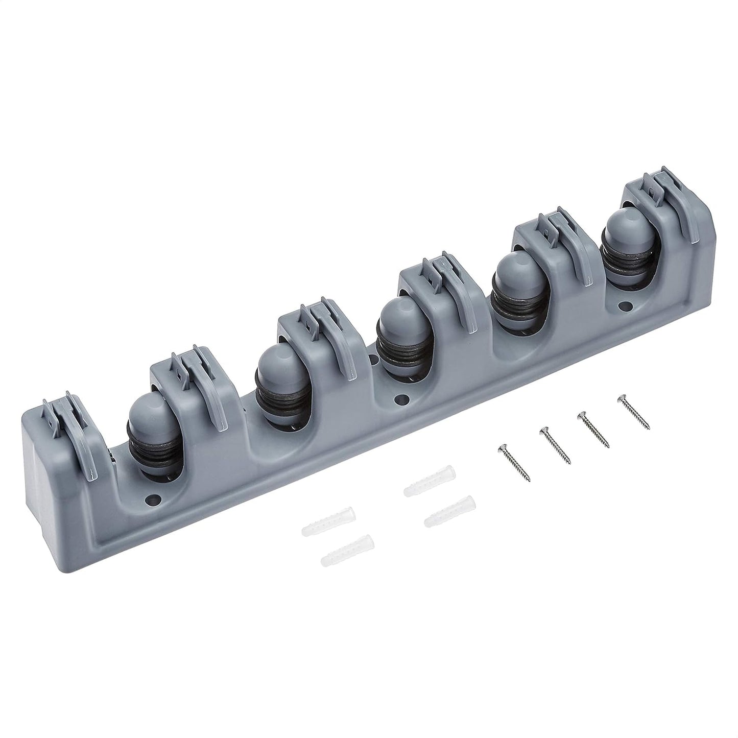 Rectangular Wall-Mounted Broom Holder and Garden Tool Organizer with 6 Hooks and 5 Slots, Dimensions: 43 x 8.5 x 6.2 cm, Gray