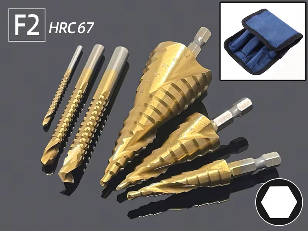 Professional Titanium Step Drill Bit Set for Wood and Metal - Sizes 4-12mm, 4-20mm, 4-32mm with 3, 6, and 8mm Twist Drills Included