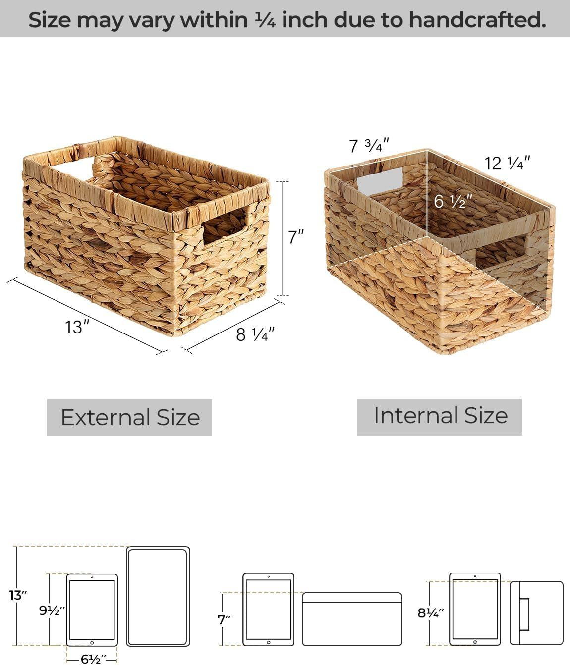 Large Wicker Storage Baskets with Handles, Rectangular Woven Organizers for Pantry and Bathroom, Natural Water Hyacinth, Set of 2