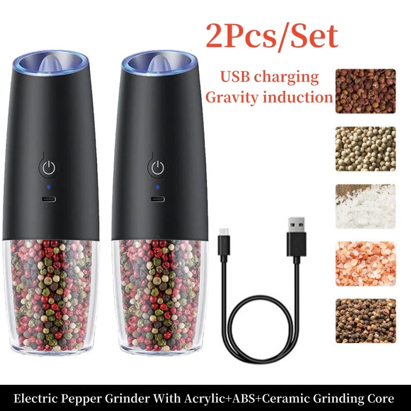 Premium USB Rechargeable Gravity Induction Electric Salt and Pepper Grinder Set