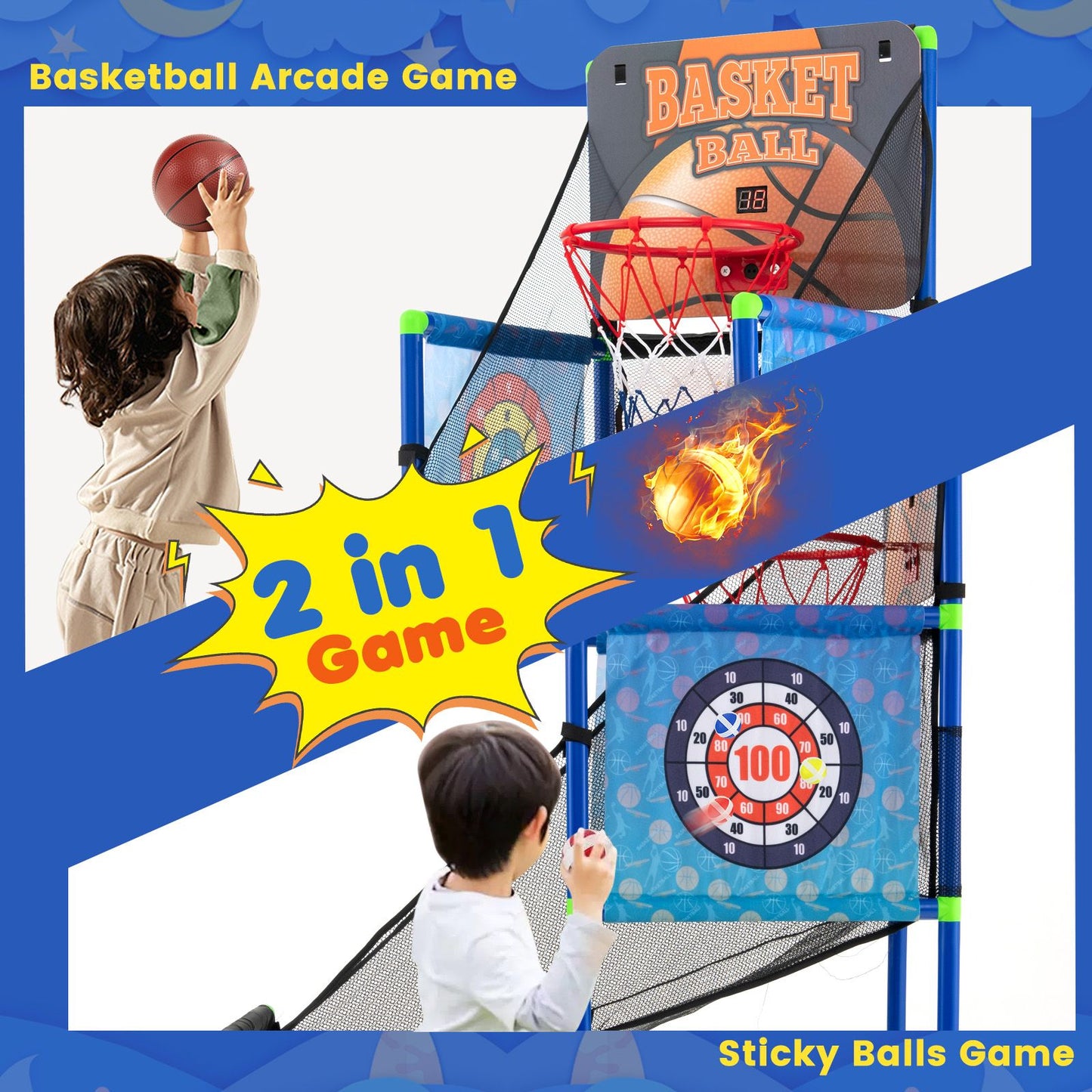 Dual-Function Children's Basketball Arcade Game with Electronic Scoring System