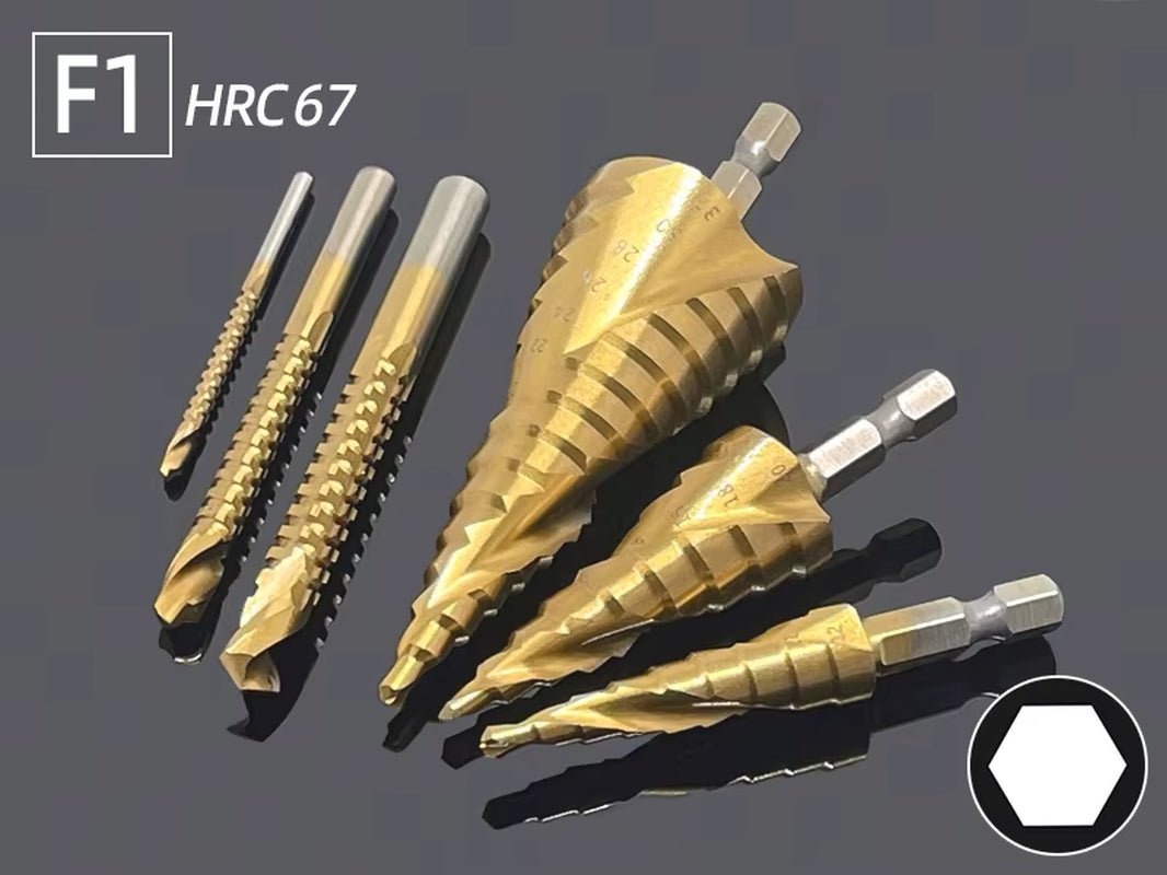 Professional Titanium Step Drill Bit Set for Wood and Metal - Sizes 4-12mm, 4-20mm, 4-32mm with 3, 6, and 8mm Twist Drills Included