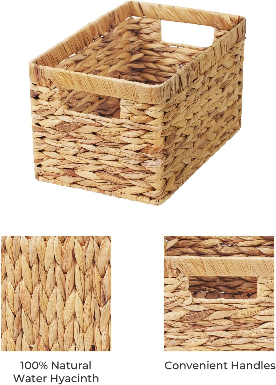 Large Wicker Storage Baskets with Handles, Rectangular Woven Organizers for Pantry and Bathroom, Natural Water Hyacinth, Set of 2