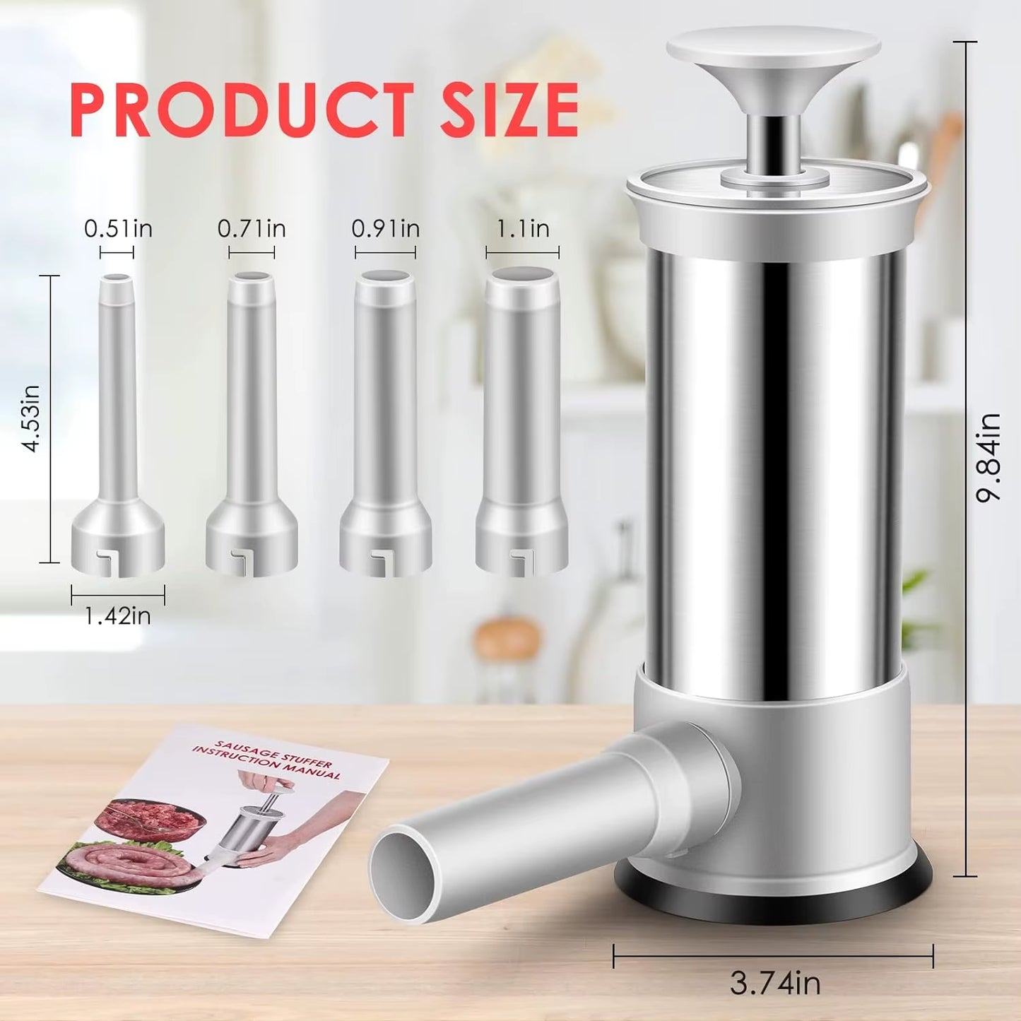 Sausage Stuffer with Four Interchangeable Stuffing Tube Sizes and Accessories