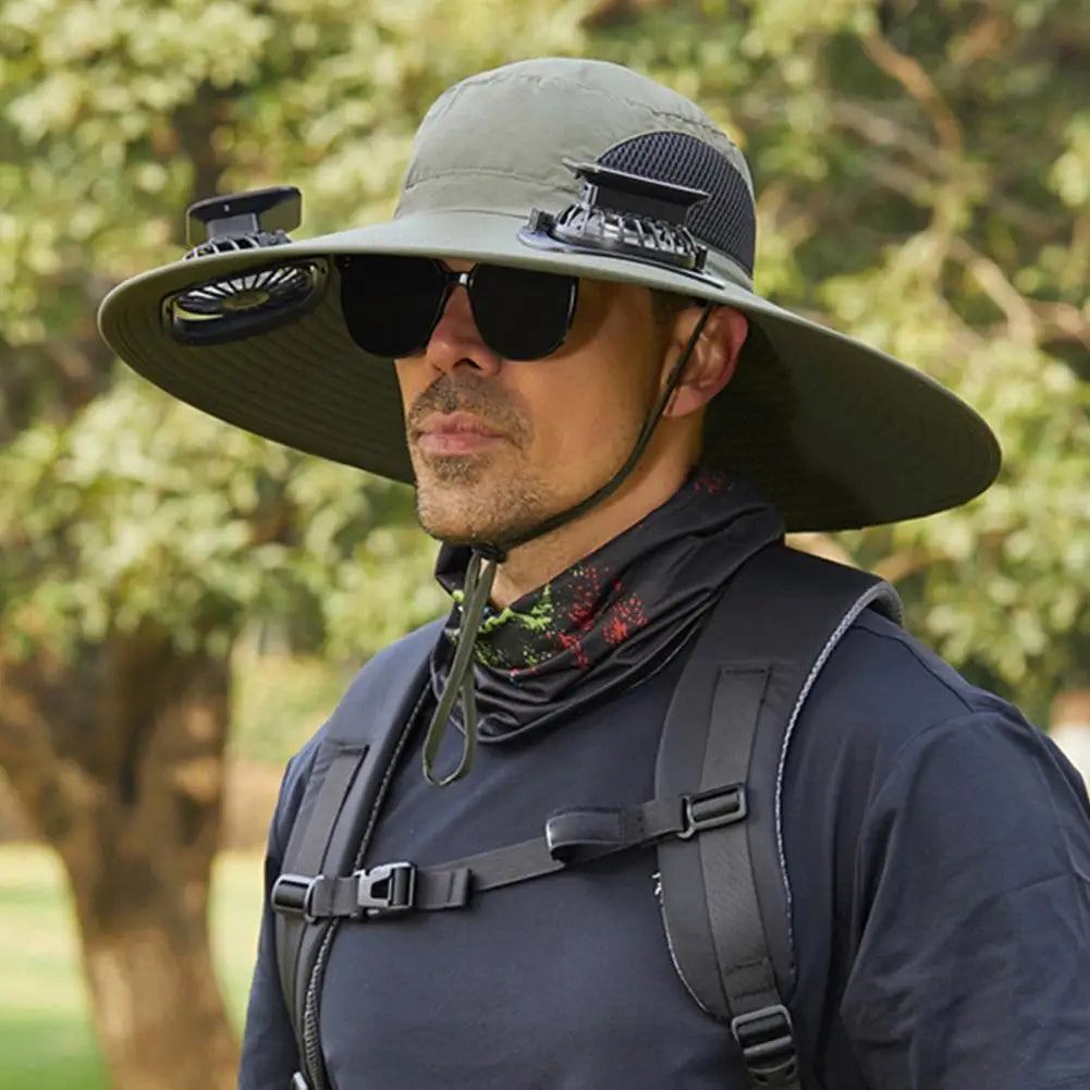 Solar-Powered Outdoor Hat Fan with Dual Power Supply - Wide Brim Sun Protection for Fishing, Hiking, and Gardening