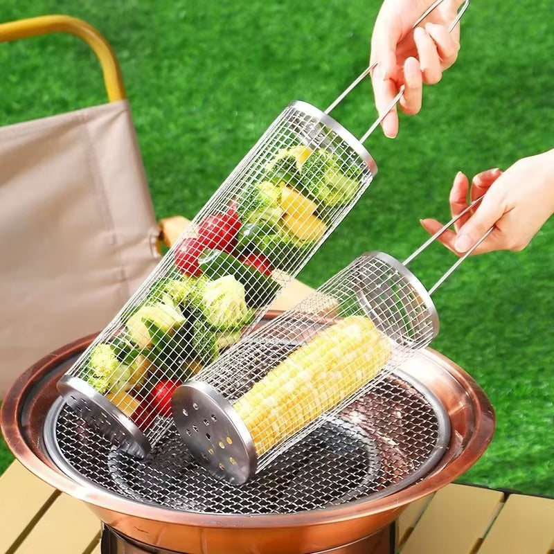 Portable Stainless Steel Barbecue Grill Basket for Outdoor Cooking and Camping
