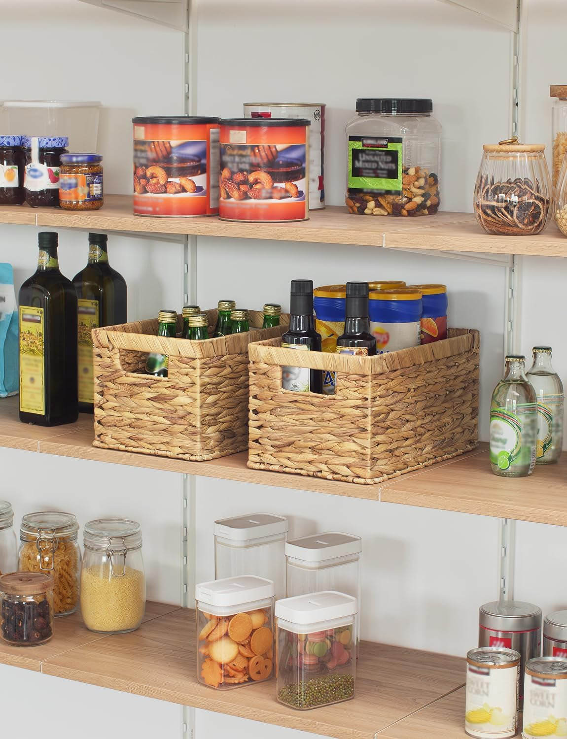 Large Wicker Storage Baskets with Handles, Rectangular Woven Organizers for Pantry and Bathroom, Natural Water Hyacinth, Set of 2