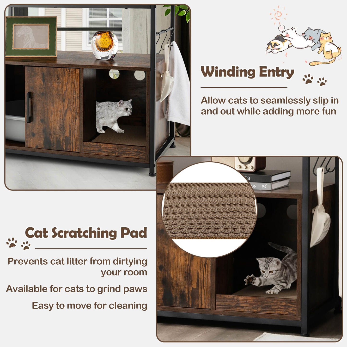 Cat Litter Box Enclosure with Integrated Scratching Pad and Dual Shelving Units