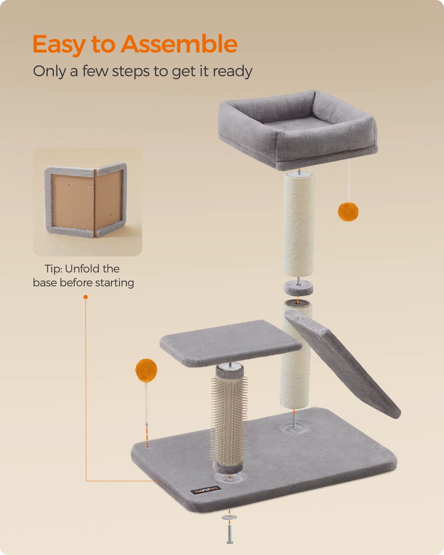 Multifunctional Cat Scratching Post with Integrated Bed, Rotatable Scratching Ramp, Perch, and Self-Grooming Feature