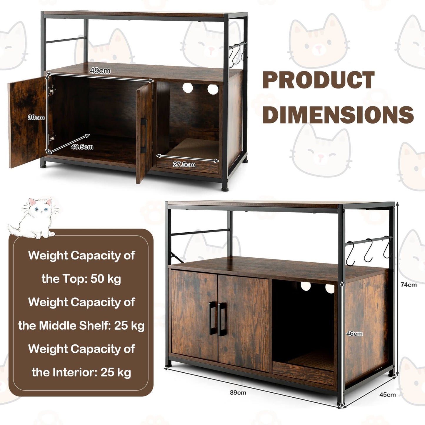 Cat Litter Box Enclosure with Integrated Scratching Pad and Dual Shelving Units