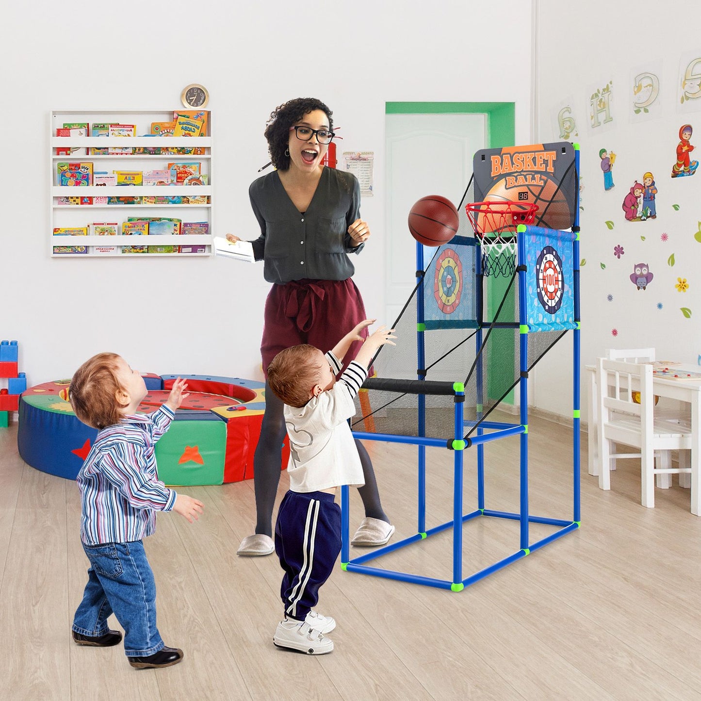 Dual-Function Children's Basketball Arcade Game with Electronic Scoring System