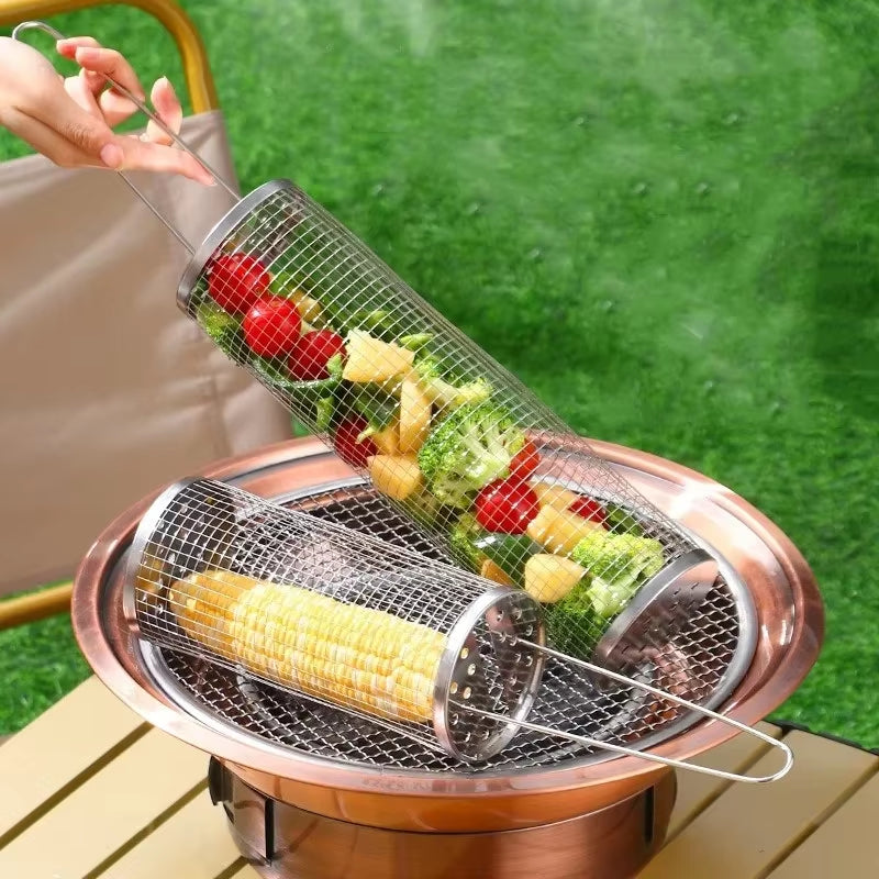 Portable Stainless Steel Barbecue Grill Basket for Outdoor Cooking and Camping
