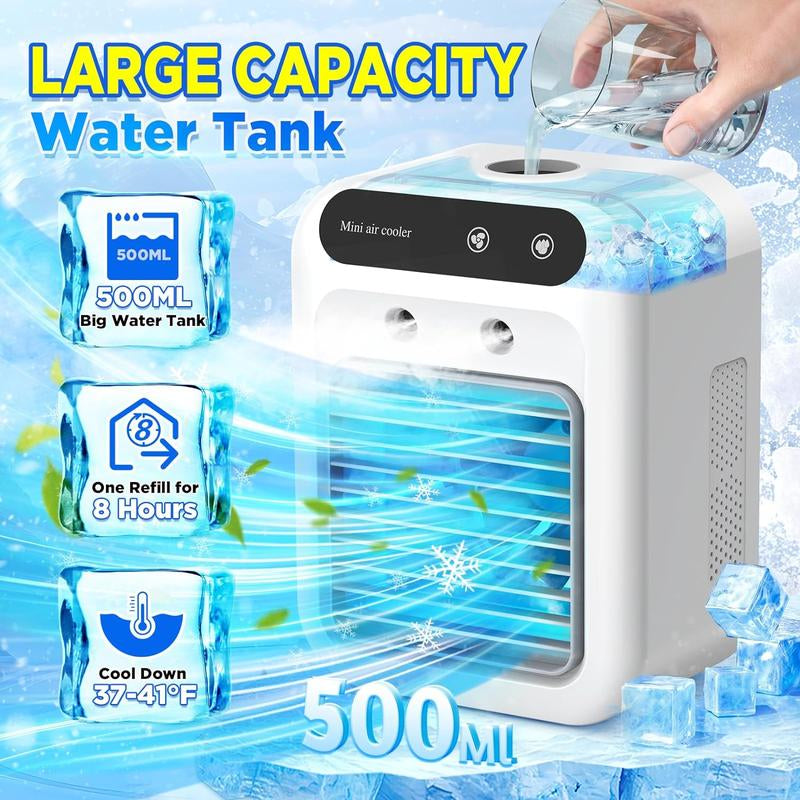 3-in-1 Portable Air Conditioner and Evaporative Cooler with Dual Mist Speeds - Perfect for Home, Office, and Outdoor Use, Equipped with 1800mAh Battery and 500ml Water Reservoir