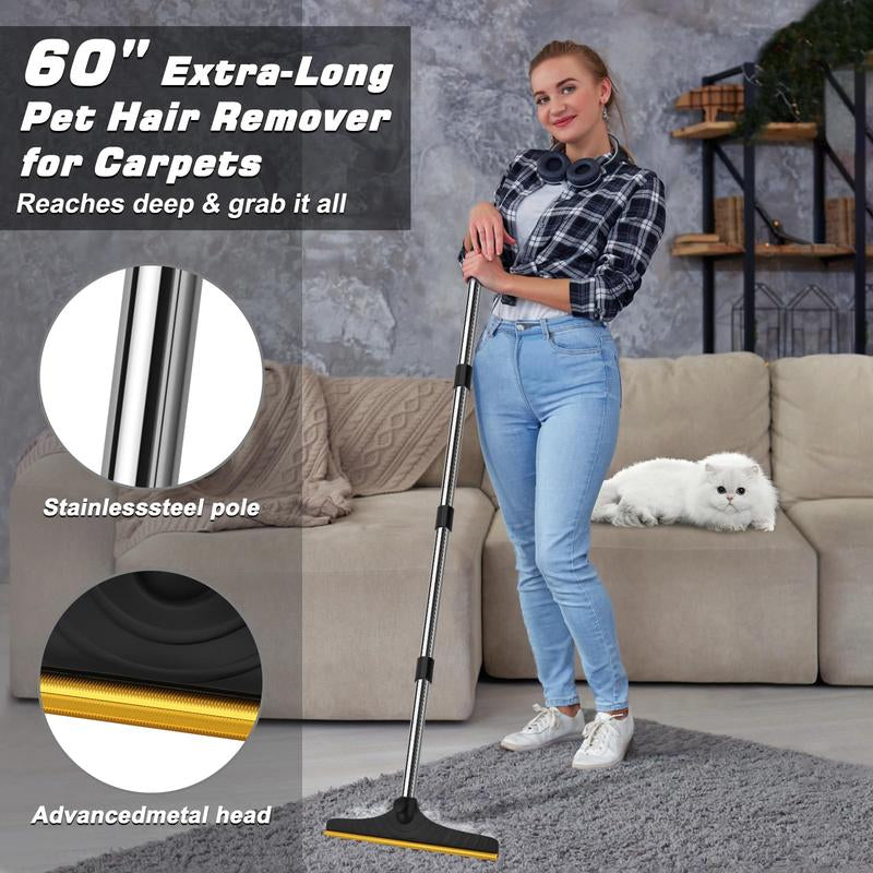 Pet Hair Removal Carpet Rake with 60-Inch Adjustable Handle - Reusable Scraper Tool for Rugs and Mats