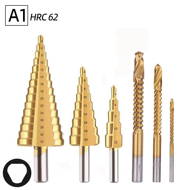 Professional Titanium Step Drill Bit Set for Wood and Metal - Sizes 4-12mm, 4-20mm, 4-32mm with 3, 6, and 8mm Twist Drills Included