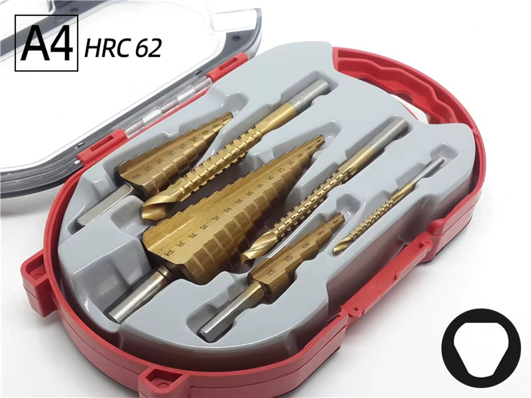 Professional Titanium Step Drill Bit Set for Wood and Metal - Sizes 4-12mm, 4-20mm, 4-32mm with 3, 6, and 8mm Twist Drills Included