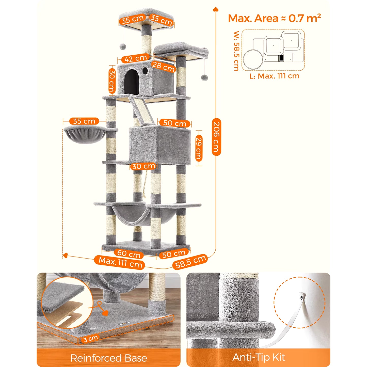 Cat Tree Tower - 206 cm Height, Featuring 13 Scratching Posts, 2 Platforms, 2 Kennels, Basket, Hammock, and Pompom