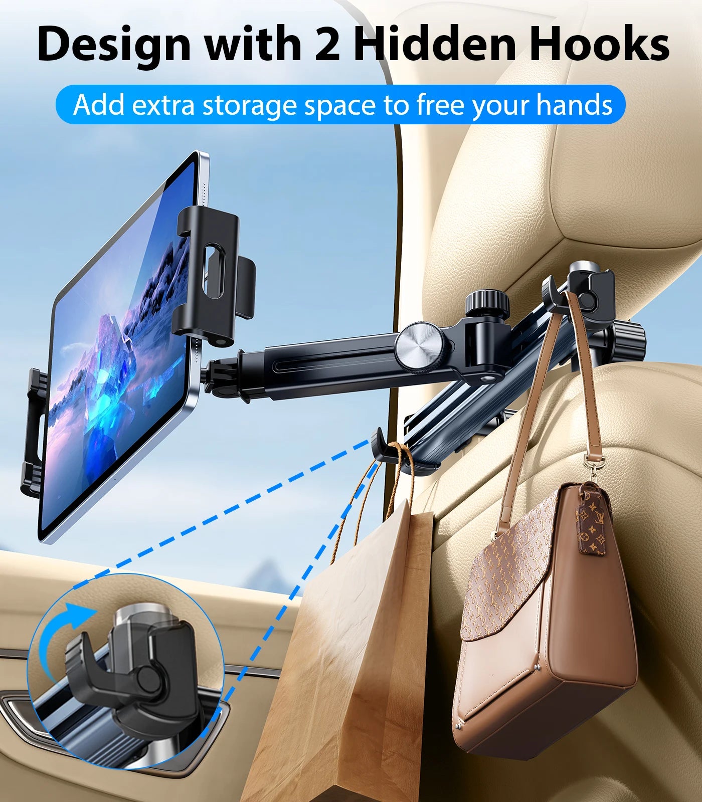 Adjustable Back Seat Tablet Holder Mount for Car Headrest - 360° Rotatable Phone Stand with Long Arm and Dual Hooks, Compatible with 4.7-12 Inch Devices