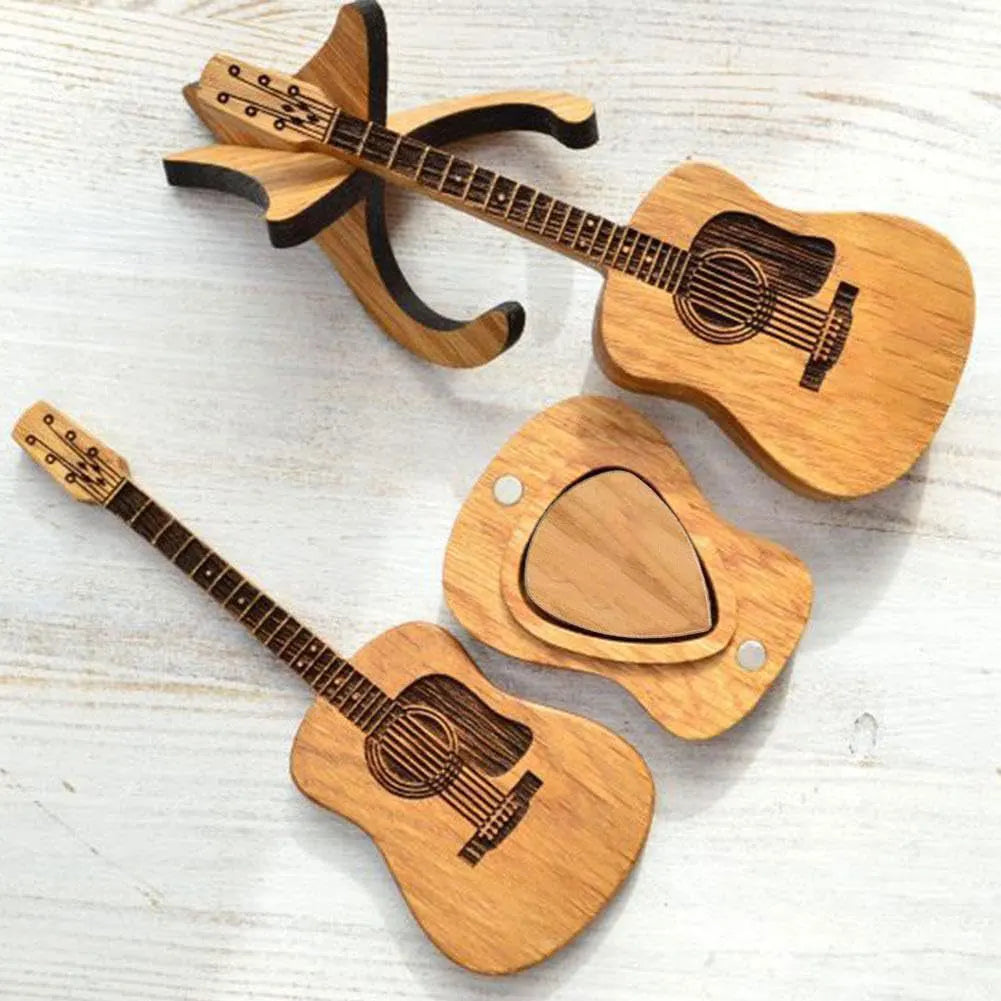Wooden Acoustic Guitar Pick Box with Stand and Personalized Engraved Picks - Unique Vintage Music Gift