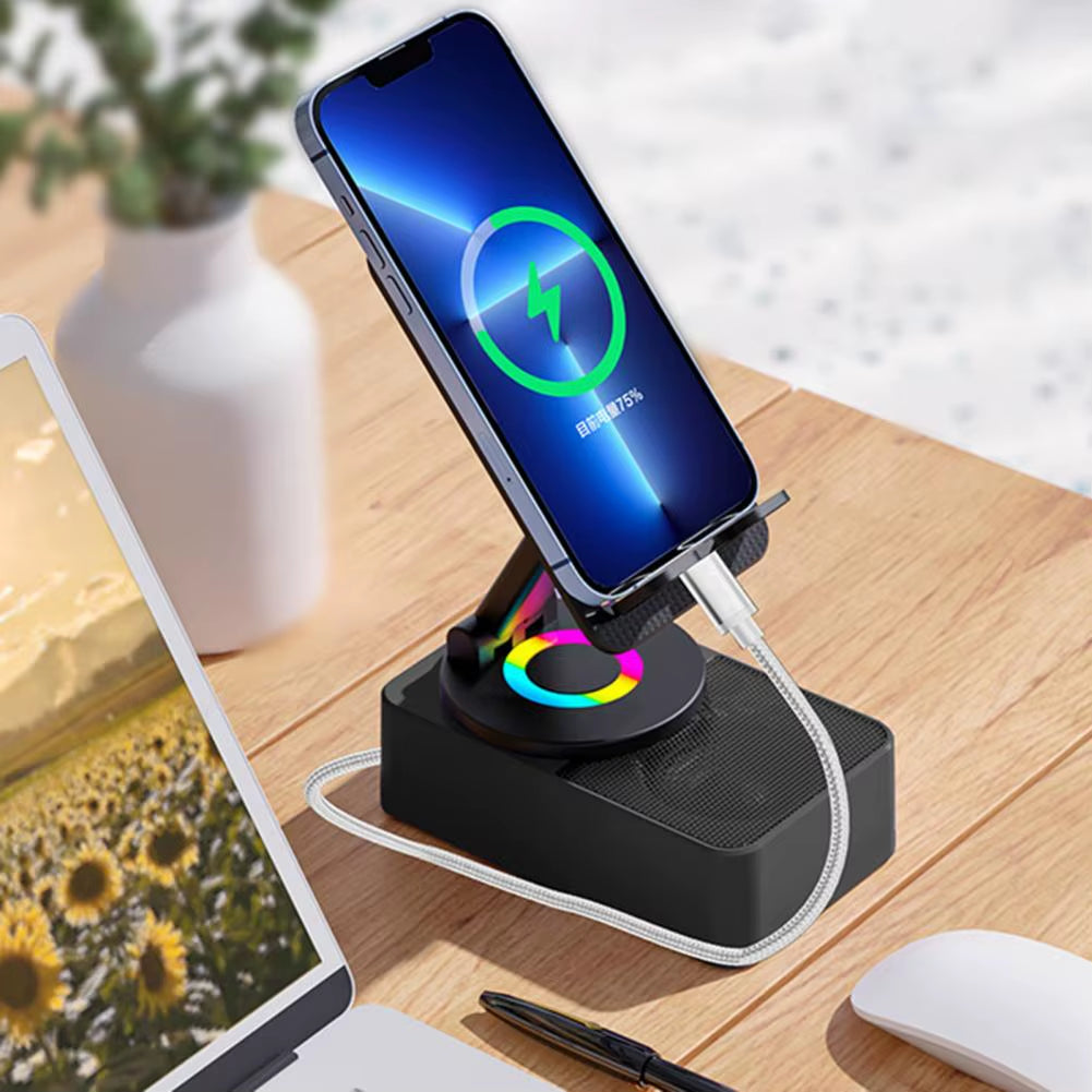 Bluetooth-Compatible Rotating Phone Stand with Integrated Wireless Speaker and Adjustable Foldable Design