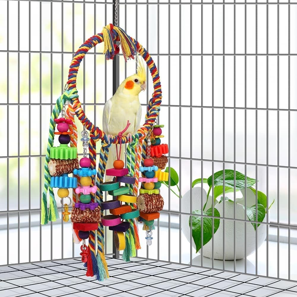 Bird Rope Ring Swing Perch with Corn Cob, Cardboard Bagels, and Wooden Chewing Blocks for Parakeets, Conures, Lovebirds, Finches, and Other Small to Medium-Sized Birds
