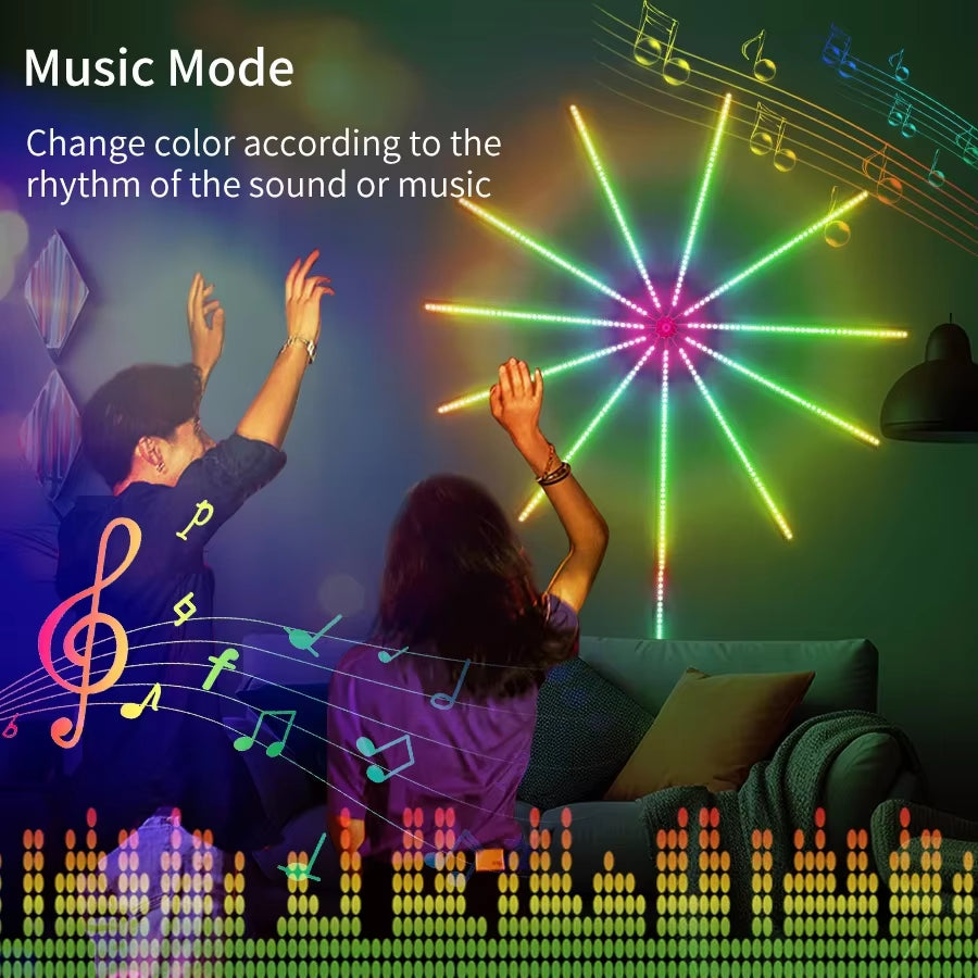 USB 5V RGBIC Fireworks LED String Lights for Festive Decor, Music Synchronization, and Event Illumination