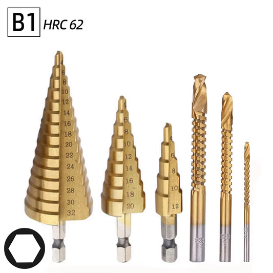 Professional Titanium Step Drill Bit Set for Wood and Metal - Sizes 4-12mm, 4-20mm, 4-32mm with 3, 6, and 8mm Twist Drills Included