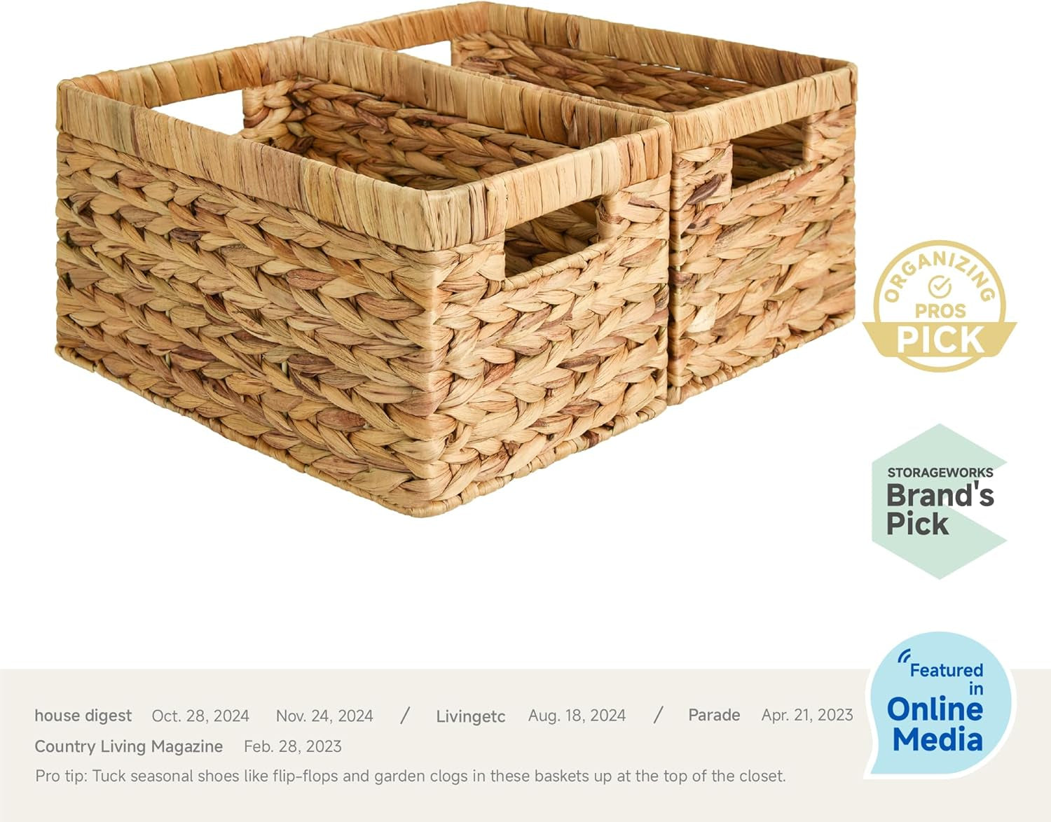 Large Wicker Storage Baskets with Handles, Rectangular Woven Organizers for Pantry and Bathroom, Natural Water Hyacinth, Set of 2