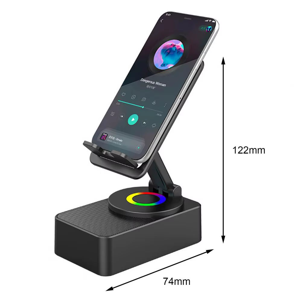Bluetooth-Compatible Rotating Phone Stand with Integrated Wireless Speaker and Adjustable Foldable Design