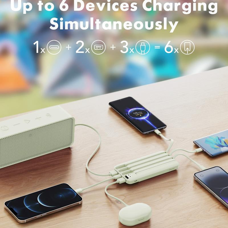 Charmast Ultra-Slim 10,000mAh Portable Charger with Integrated Cables, 6 Outputs & 3 Inputs for Fast Charging, Compatible with All Smartphones, Tablets, and USB-C Devices, Ideal for Travel