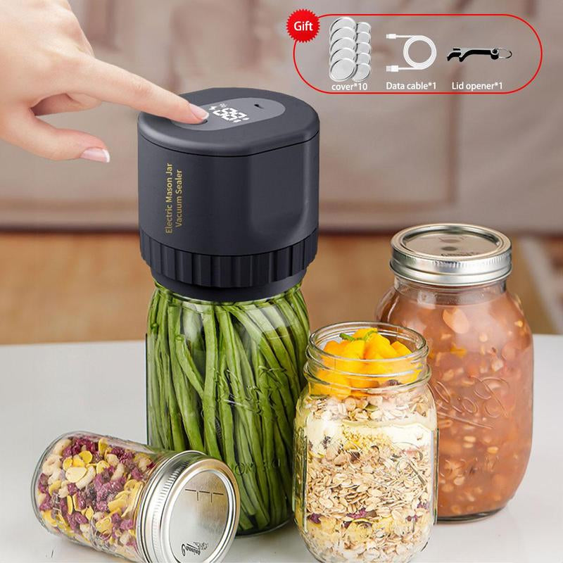 USB Electric Jar Vacuum Sealer Kit with LED Screen, Complete Sealing Machine Set Including 10 Jar Lids and Lid Opener, Ideal Kitchen Accessory for Summer Gifting