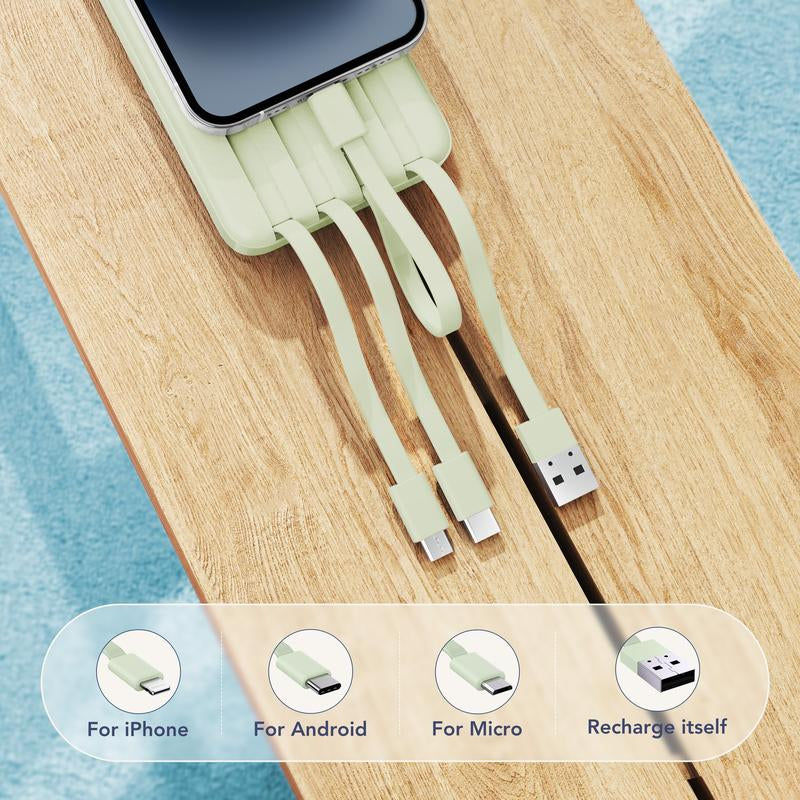Charmast Ultra-Slim 10,000mAh Portable Charger with Integrated Cables, 6 Outputs & 3 Inputs for Fast Charging, Compatible with All Smartphones, Tablets, and USB-C Devices, Ideal for Travel