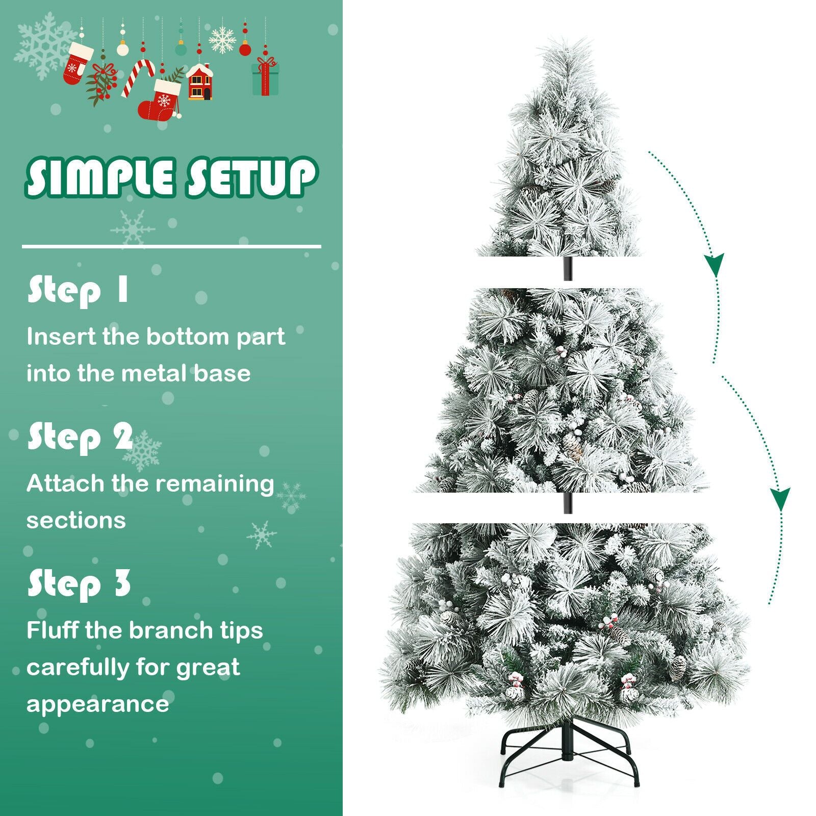 Snow-Flocked Christmas Tree Featuring 652 Branches and Decorative Berries