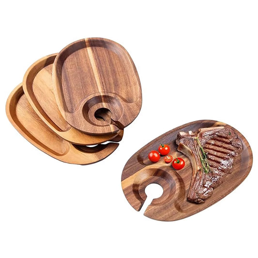 Acacia Wood Appetizer Plate Set of Four with Integrated Wine Glass Holder and Cheese Board