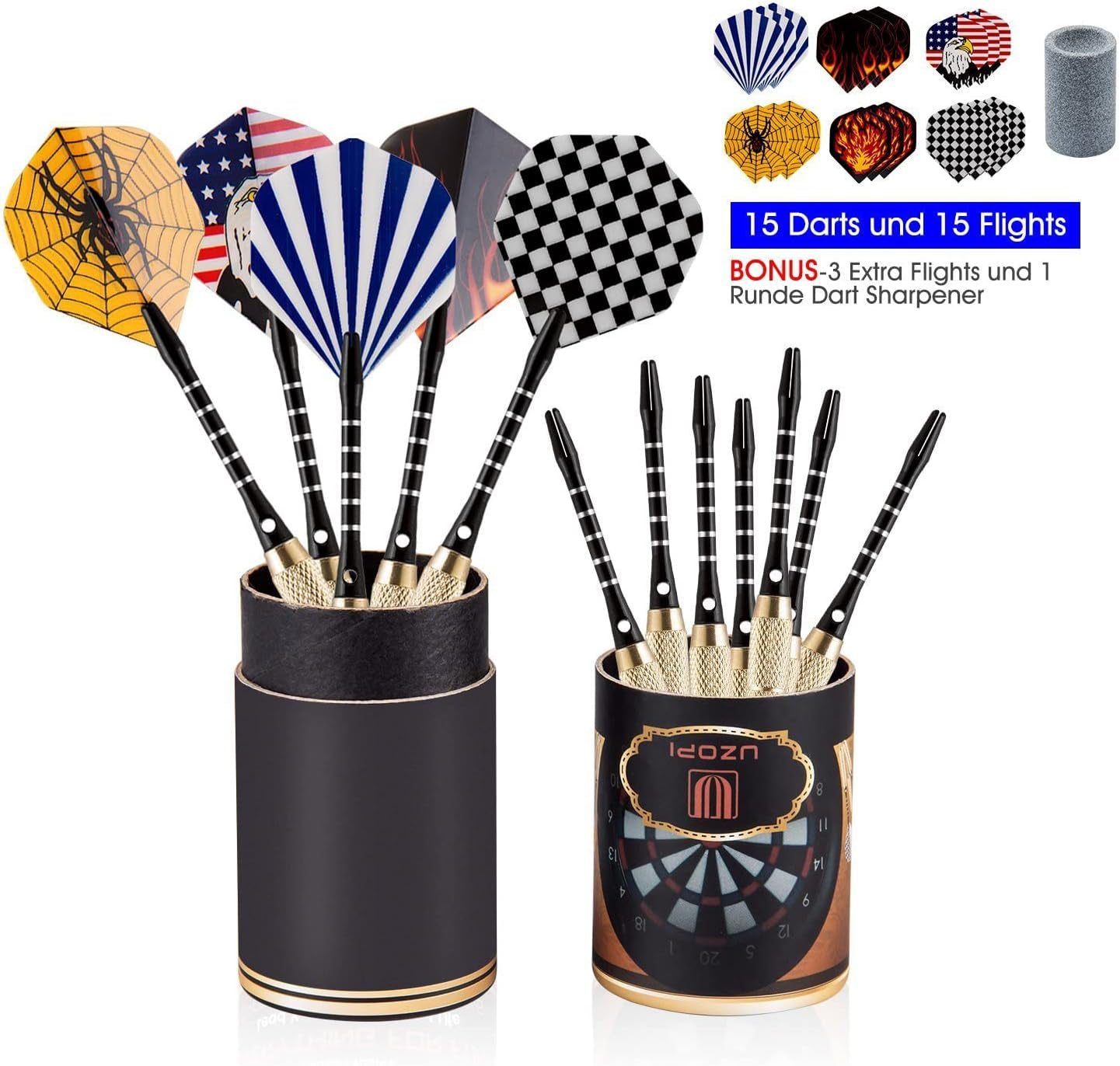 15-Piece Steel Dart Set with 18-Gram Tips, Dart Sharpener, 21 Flights, Aluminum Shafts, and Brass Barrels - Ideal for Rec Rooms, Man Caves, Bars, and Game Rooms