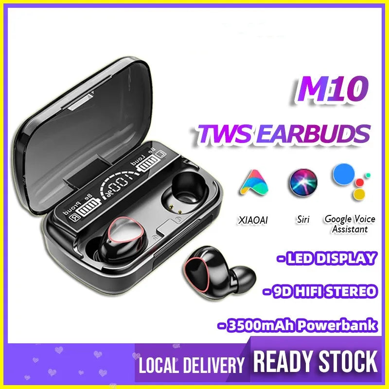 TWS M10 Wireless Bluetooth Headphones with LED Display, 3500mAh Charging Case, 9D Stereo Sound, Sports Waterproof Design, and Bluetooth 5.1 Technology
