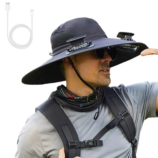 Solar-Powered Outdoor Hat Fan with Dual Power Supply - Wide Brim Sun Protection for Fishing, Hiking, and Gardening