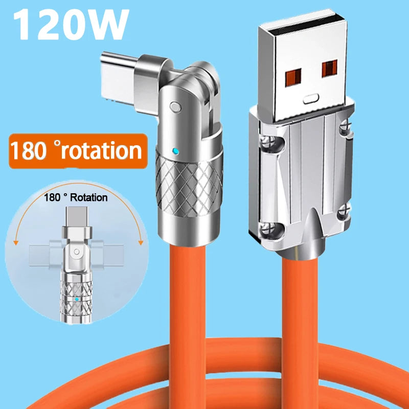 USB to Type-C 180-Degree Rotating Charging and Data Cable, 120W Super Fast Charging and High-Speed Data Transfer for iPhone and Samsung Devices