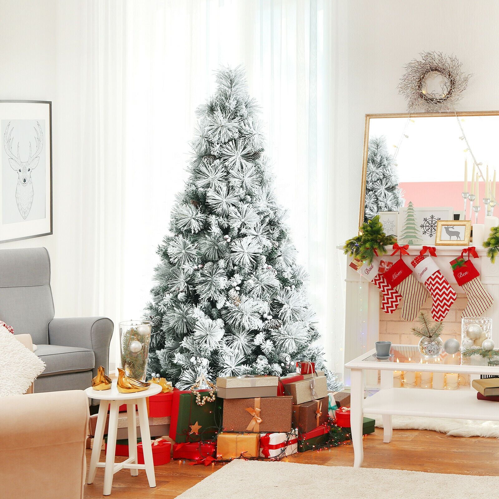 Snow-Flocked Christmas Tree Featuring 652 Branches and Decorative Berries
