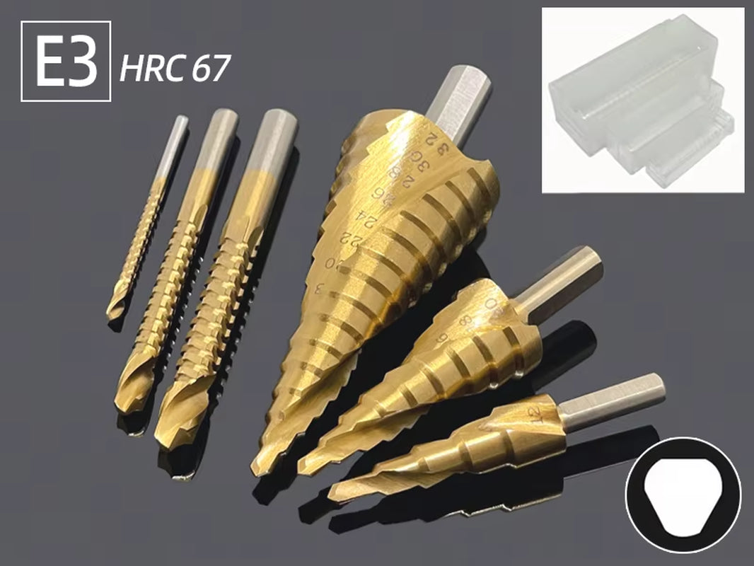Professional Titanium Step Drill Bit Set for Wood and Metal - Sizes 4-12mm, 4-20mm, 4-32mm with 3, 6, and 8mm Twist Drills Included