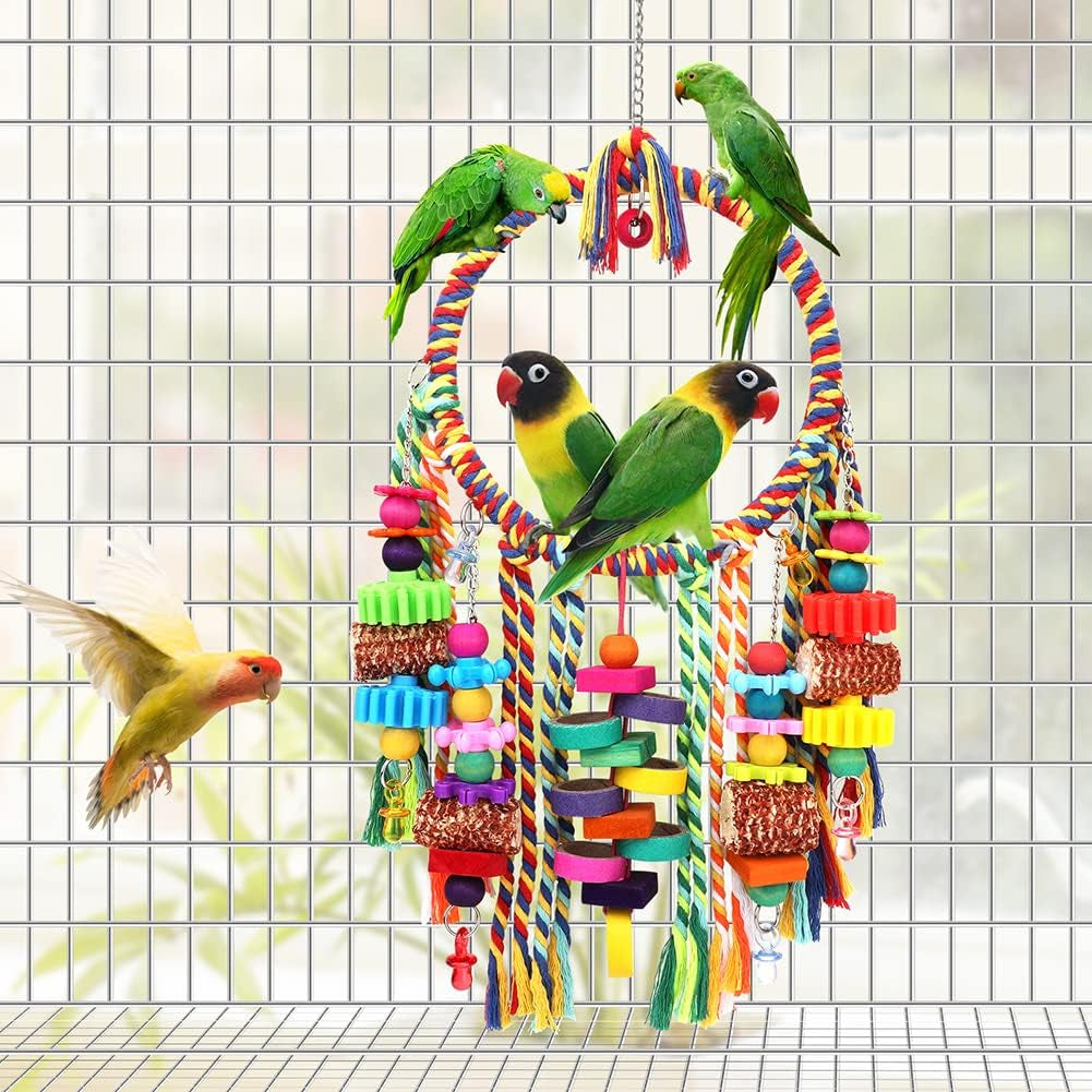 Bird Rope Ring Swing Perch with Corn Cob, Cardboard Bagels, and Wooden Chewing Blocks for Parakeets, Conures, Lovebirds, Finches, and Other Small to Medium-Sized Birds