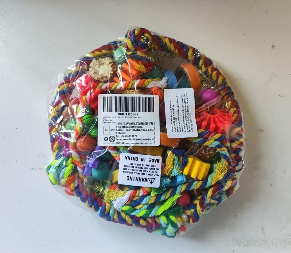 Bird Rope Ring Swing Perch with Corn Cob, Cardboard Bagels, and Wooden Chewing Blocks for Parakeets, Conures, Lovebirds, Finches, and Other Small to Medium-Sized Birds