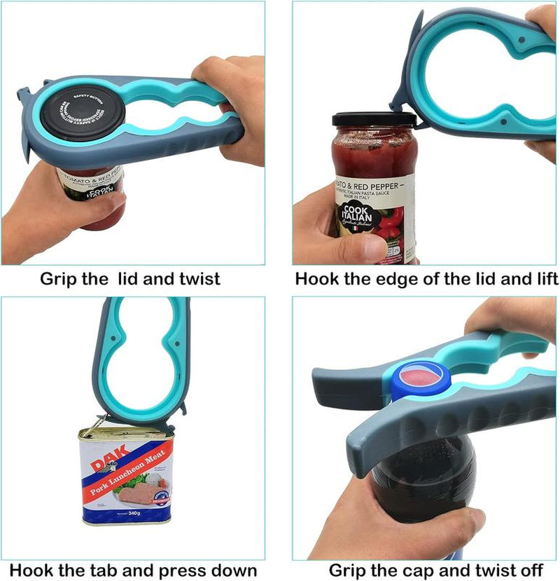 Blue and Grey Multi-Functional Jar, Bottle, and Can Opener for Individuals with Limited Hand Strength - Non-Slip Grip Kitchen Tool for Seniors and Arthritis Sufferers