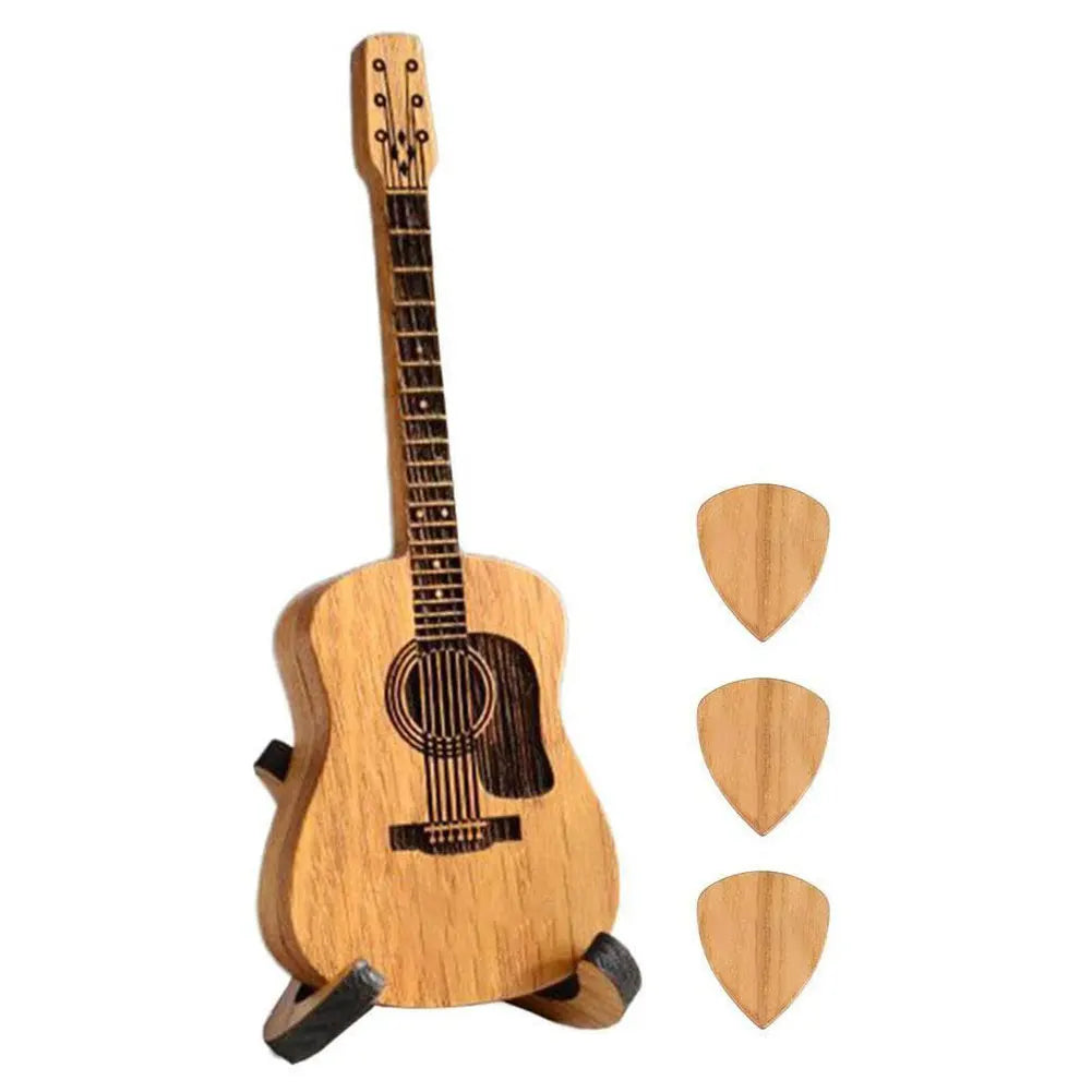 Wooden Acoustic Guitar Pick Box with Stand and Personalized Engraved Picks - Unique Vintage Music Gift