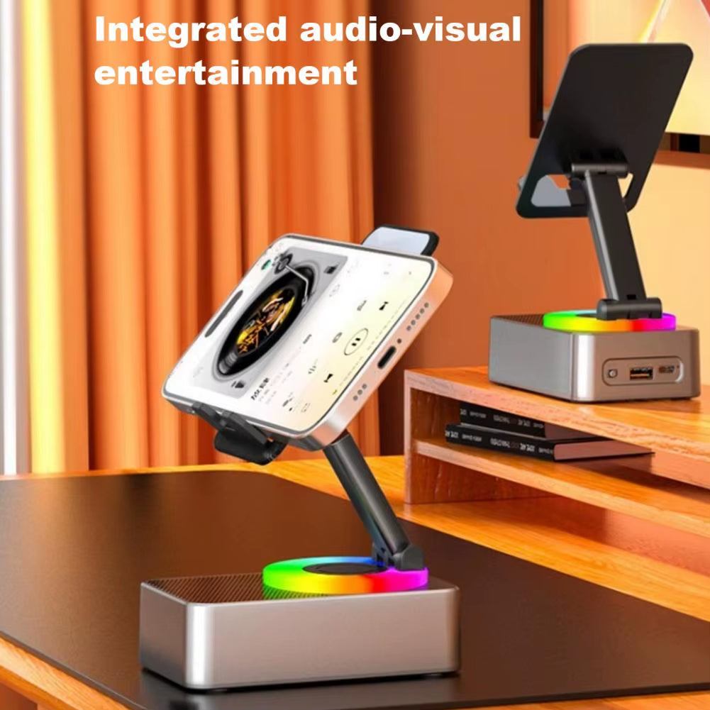 Bluetooth-Compatible Rotating Phone Stand with Integrated Wireless Speaker and Adjustable Foldable Design